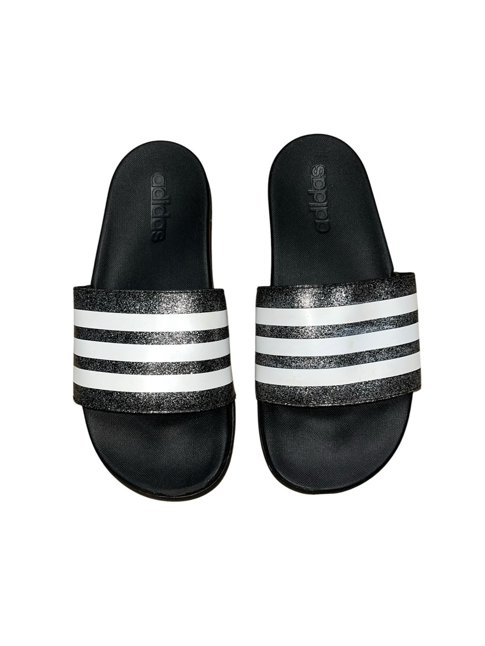 Adidas Black Glitter Slide Sandals with White Stripes Size 5